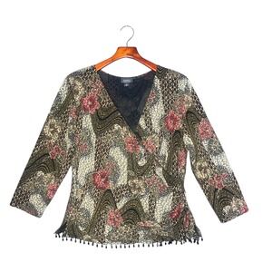 Dressbarn Womens XL Wrap  Floral Blouse Dressy Textured Top Beaded Hem‎ Holidays